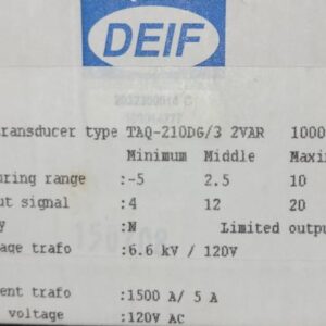 DEIF Var transducer 4-12-20 mA to -5, 2.5, 10 MVAr 1500A/5A, 120V